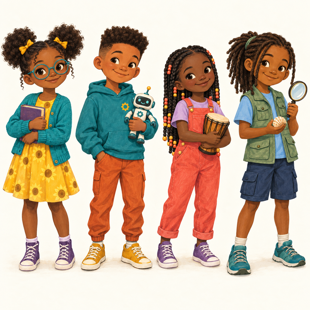 The colorful Brighter Kin Kids characters standing together